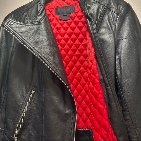 RALPH Ralph Lauren Genuine Leather Black Moto Jacket Quilted Red Lining Medium - Picture 3 of 16